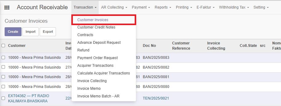 Menu Customer Invoices